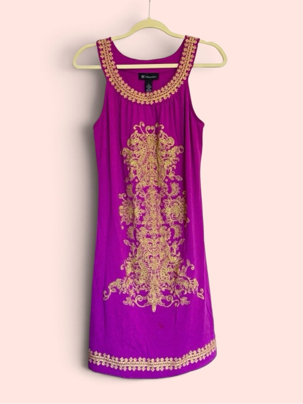 INC International Concepts Fuchsia Shift Dress with Gold Embroidery Size Large